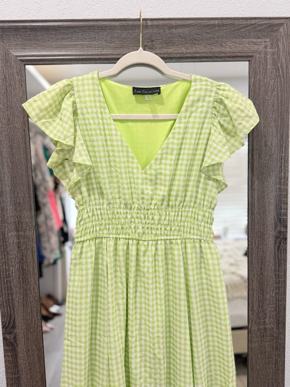Zara Collection Lime Gingham V-Neck Smocked Waist Dress